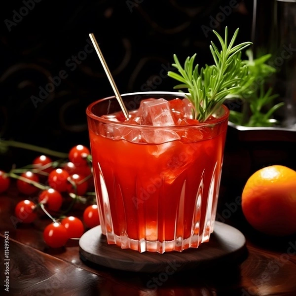 Fototapeta Iced tomato juice served in a clear glass with ice, a rich texture that adds freshness, topped with fresh rosemary and cherry tomatoes, perfect for advertising premium drinks.