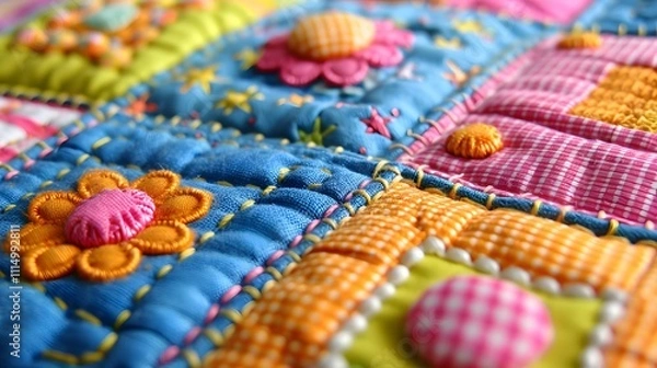 Fototapeta Colorful patchwork quilt detail with buttons and embroidery.