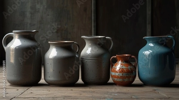Fototapeta Five ceramic jugs in various sizes and colors on a wooden surface.