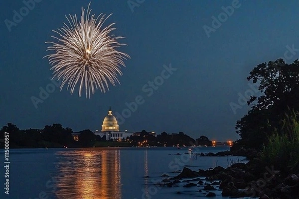 Fototapeta Mysterious night sky with full moon United States Capitol Building in Washington DC with Fireworks Background For 4th of July