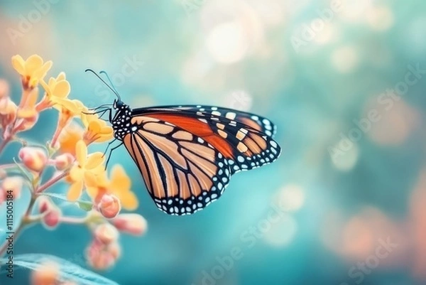 Fototapeta Monarch butterfly perched on yellow flower in a serene natural setting during a sunny afternoon