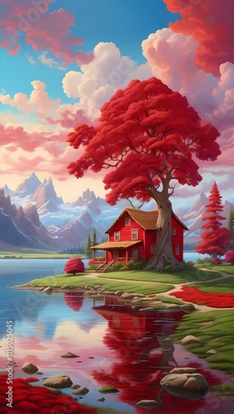 Obraz Red House with Red Tree near the River - Generated by AI. 