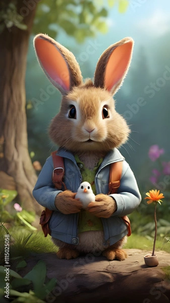 Obraz Bunny found a lost bird in the jungle - Generated by AI.
