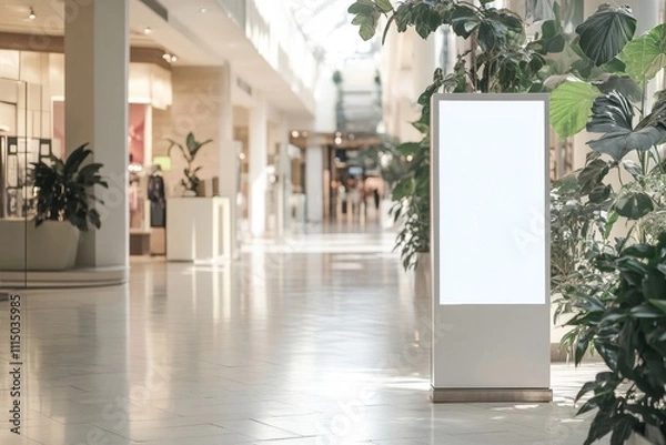 Fototapeta Blank Billboard in Modern Shopping Mall:  A sleek, modern billboard stands tall in a bustling shopping mall, ready to display your message. The bright lighting, clean lines.