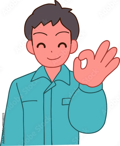 Fototapeta 作業服を着たOKする笑顔のデフォルメ男性のイラスト