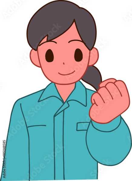 Fototapeta 作業服を着たガッツポーズする笑顔のデフォルメ女性のイラスト
