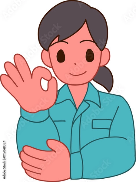Fototapeta 作業服を着たOKする笑顔のデフォルメ女性のイラスト