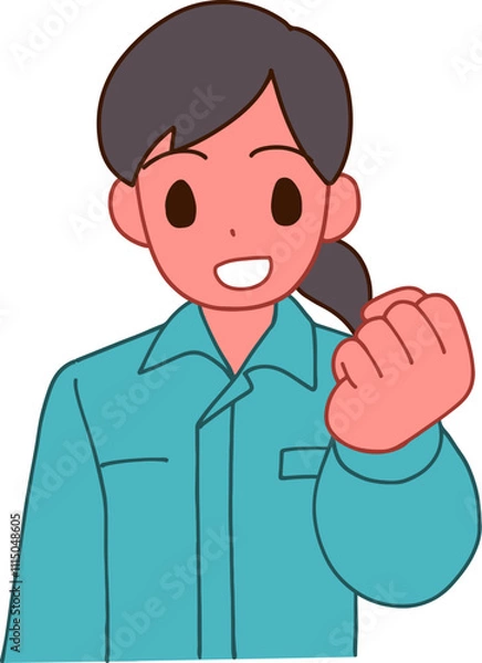 Fototapeta 作業服を着たガッツポーズする笑顔のデフォルメ女性のイラスト