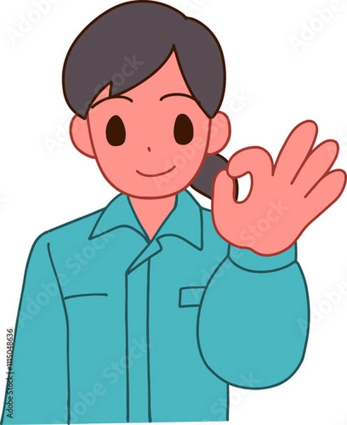 Fototapeta 作業服を着たOKする笑顔のデフォルメ女性のイラスト