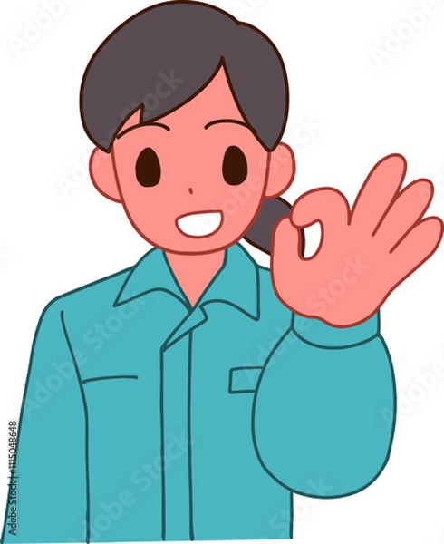 Fototapeta 作業服を着たOKする笑顔のデフォルメ女性のイラスト
