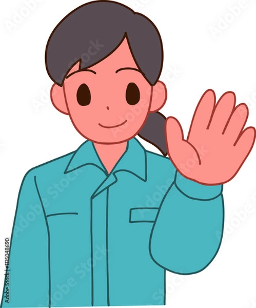 Fototapeta 作業服を着た挨拶する笑顔のデフォルメ女性のイラスト