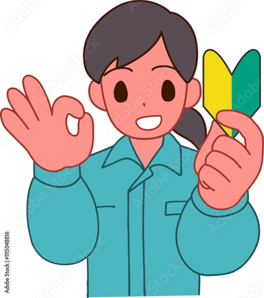 Fototapeta 作業服を着た初心者マークを持ちOKサインをしている笑顔のデフォルメ女性のイラスト