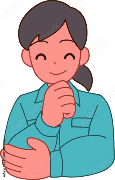Fototapeta 作業服を着た笑顔で考えるデフォルメ女性のイラスト
