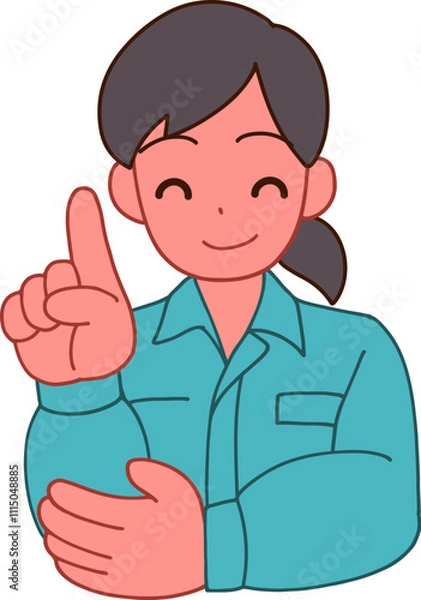 Fototapeta 作業服を着た笑顔で指をさすデフォルメ女性のイラスト