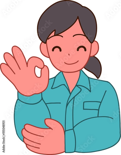 Fototapeta 作業服を着た笑顔でOKする笑顔のデフォルメ女性のイラスト