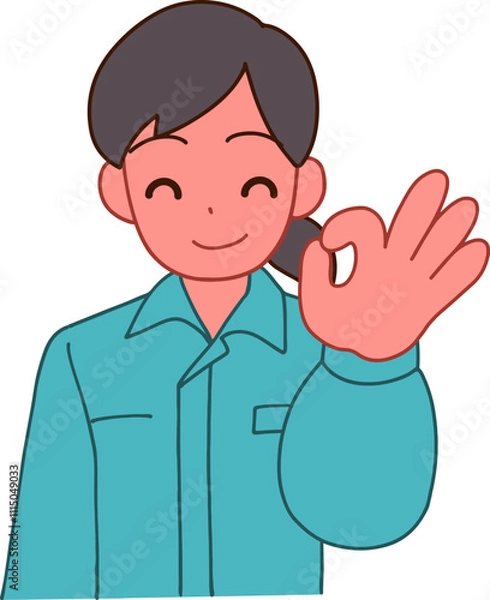 Fototapeta 作業服を着たOKする笑顔のデフォルメ女性のイラスト
