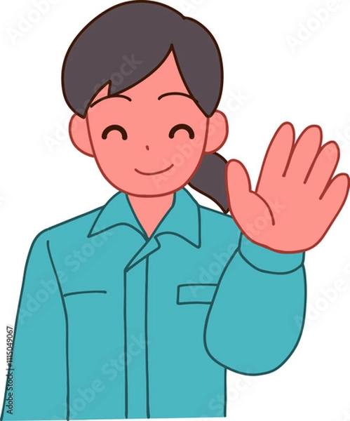 Fototapeta 作業服を着た挨拶する笑顔のデフォルメ女性のイラスト