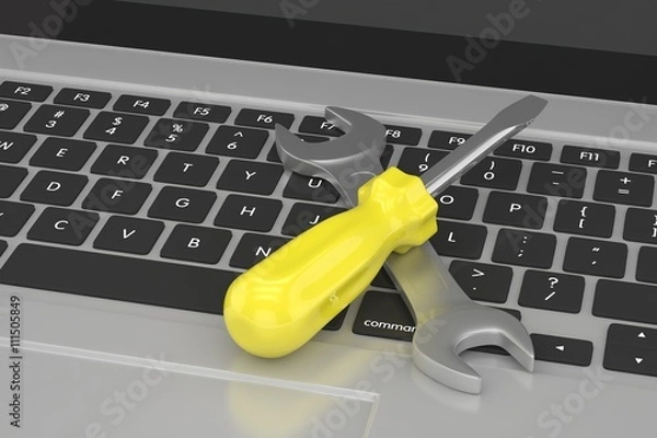 Fototapeta 3D Illustration Wrench and screwdriver on laptop, service concept