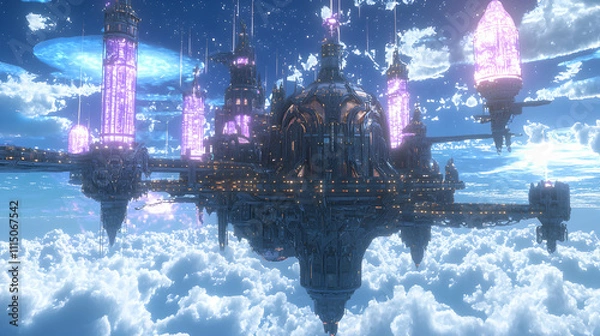 Fototapeta Floating Fortress in Energy Fields Above Clouds