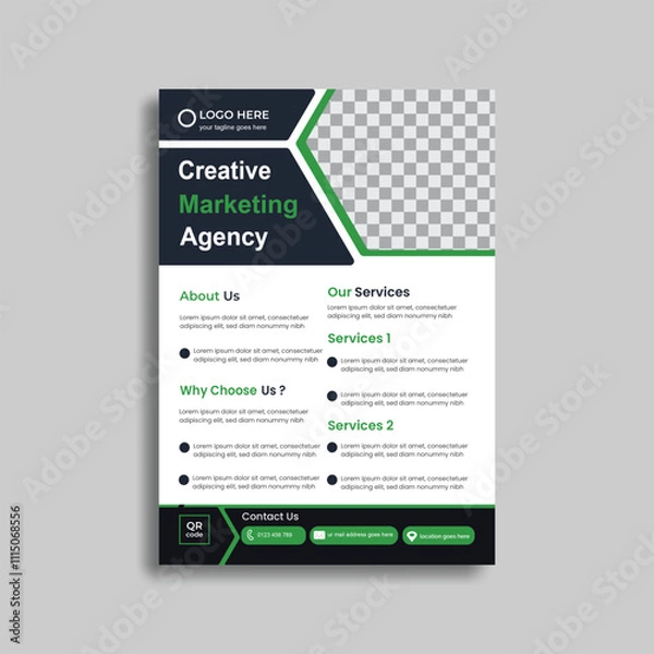 Fototapeta Green color Corporate business flyer design template or Brochure business flyer design, with geometric shapes in A4 size