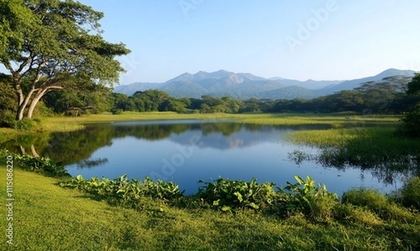 Fototapeta Serene lake reflecting mountains under a clear sky.