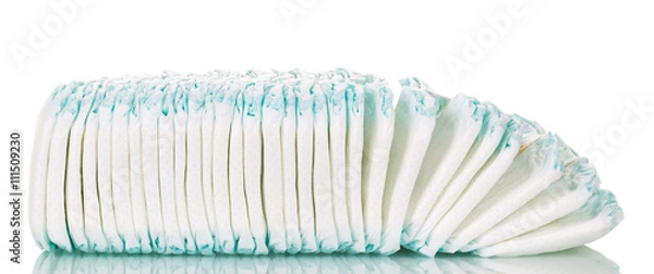 Fototapeta Stack of children's diapers isolated on white background.