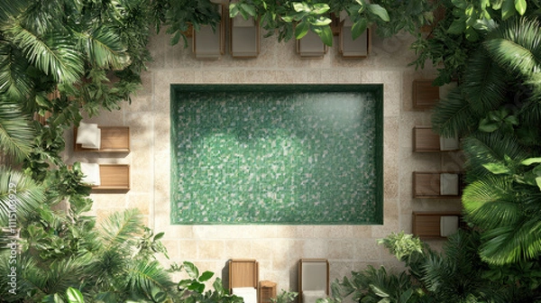 Fototapeta Aerial view of serene swimming pool surrounded by lush greenery, and sun loungers