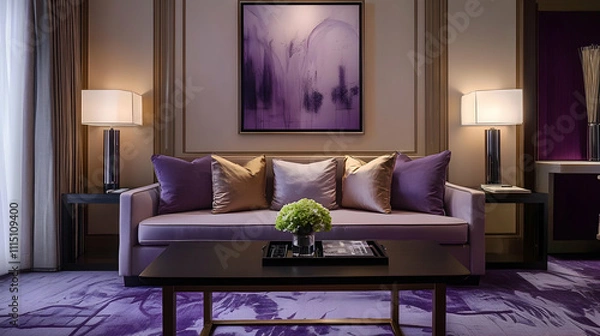 Fototapeta luxury hotel room with sofa, An ultra-realistic image of a modern living room featuring art deco style interior design