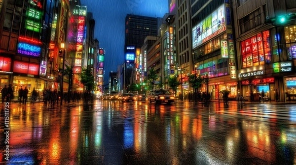 Fototapeta Rainy Night Cityscape Vibrant Neon Lights Reflecting On Wet Street