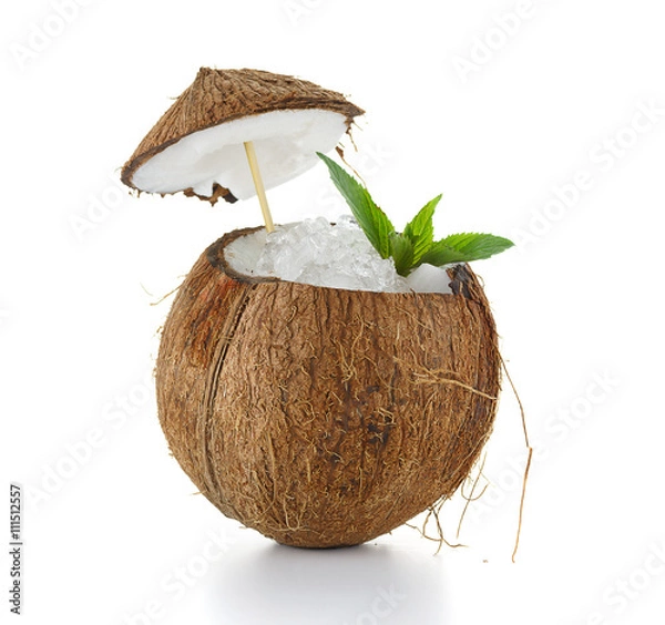 Obraz Coconut cocktail with ice isolated on white background