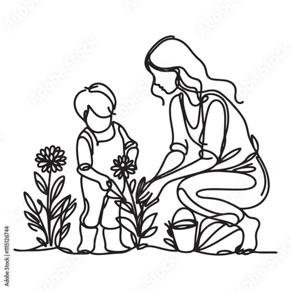 Fototapeta One continuous single drawing black line art doodle of a mother and child planting flowers together on holiday