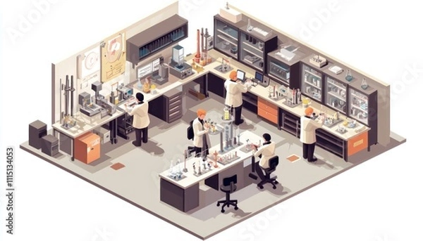 Obraz 3D isometric laboratory view with scientific apparatus and researchers at work.