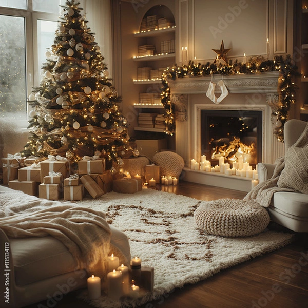 Obraz fireplace with christmas decorations