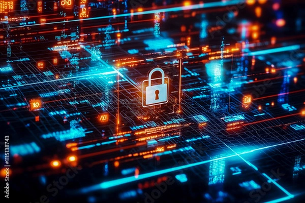 Obraz Digital security concept with a lock symbol over a network of data and connections
