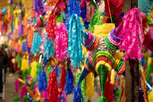 Obraz Piñatas season in a Mexican market, piñata background in christmas