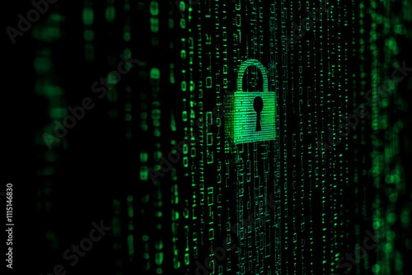 Obraz Digital lock on binary code background representing data security and encryption