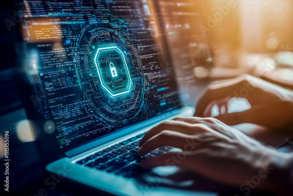 Obraz A person using a laptop with digital security graphics on the screen.