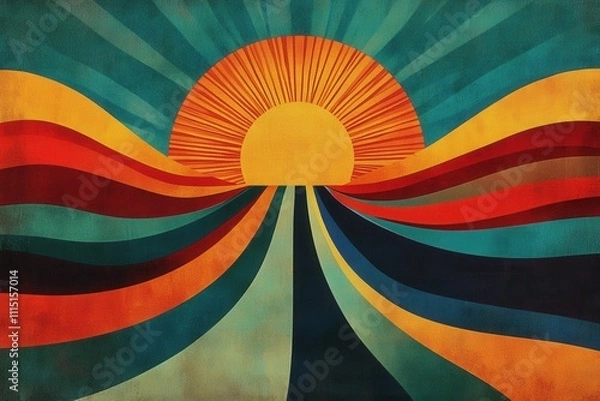 Fototapeta Abstract sunrise over colorful, wavy landscape. Ideal for projects needing a retro, optimistic vibe.