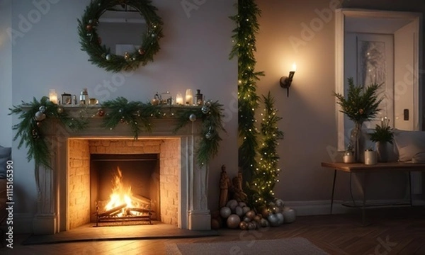 Fototapeta A delicate fir branch adorned with ornaments and fairy lights nestled among greenery near a cozy fireplace , greenery, fairy lights, winter wonderland