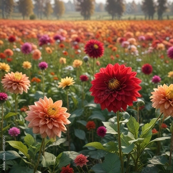 Fototapeta Autumn field with bicolor dahlia flowers in the foreground, flower, orange