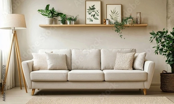 Fototapeta A cozy and inviting sofa placed in a warm living room, creating a comfortable and relaxing atmosphere for family gatherings or personal relaxation.
