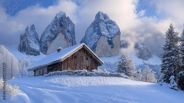 Obraz A serene winter landscape featuring a rustic cabin surrounded by snow-covered mountains.