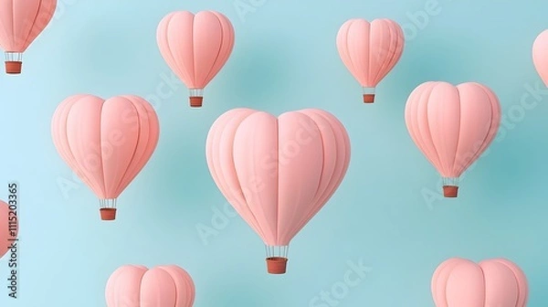 Fototapeta Romantic heart shaped hot air balloons gracefully floating in a breathtaking vibrant sunset sky  This 3D captures a captivating dreamlike scene that evokes a sense of wonder and enchantment