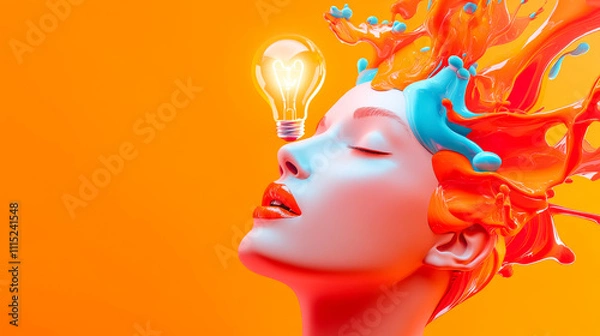 Fototapeta Inspired by Creativity: A woman's head is engulfed in a vibrant splash of orange and blue paint, symbolizing the creative process and the spark of inspiration.