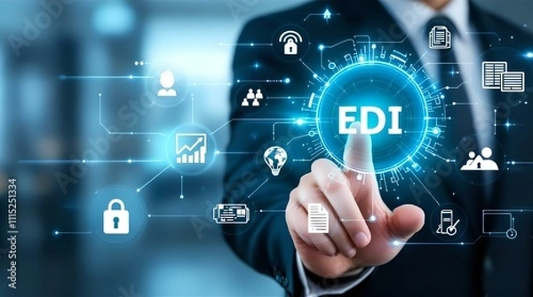 Fototapeta Businessperson Interacts with Futuristic EDI Technology Interface, Digital Transformation and Data Exchange System, Modern Business Concept