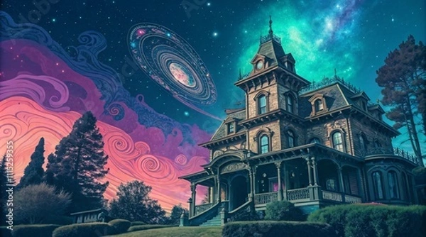 Fototapeta Whimsical Mansion with Cosmic Backdrop and Magical Gardens V6