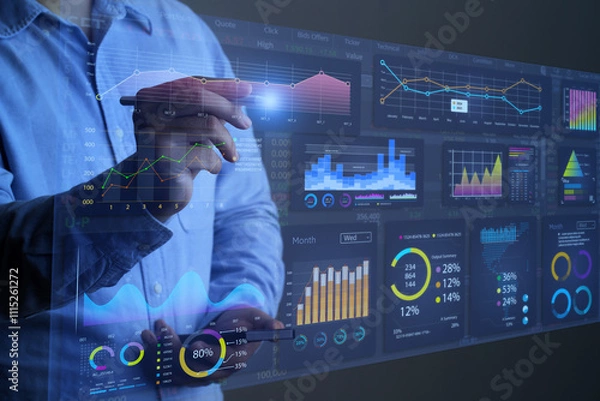 Fototapeta Businessman working with data management system on virtual screen.Analysis working with Financial Data and Business Analytics Dashboard. sales, marketing, KPI, and business performance indicators.
