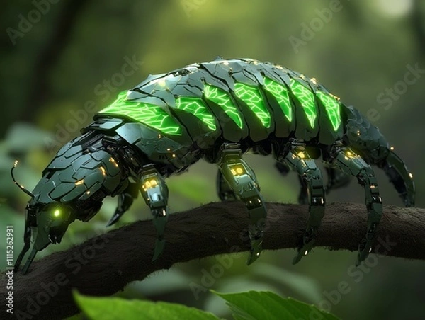 Fototapeta A futuristic mecha caterpillar inspired by a leaf insect, designed with a segmented metallic body that mimics the texture of natural leaves