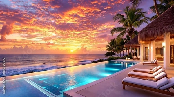 Fototapeta Luxurious Beachfront Villa with Infinity Pool at Sunset with Ocean View and Palm Trees, generative AI