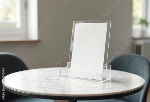 Fototapeta Minimalist acrylic sign holder on marble table in modern interior setting for advertisement or menu display